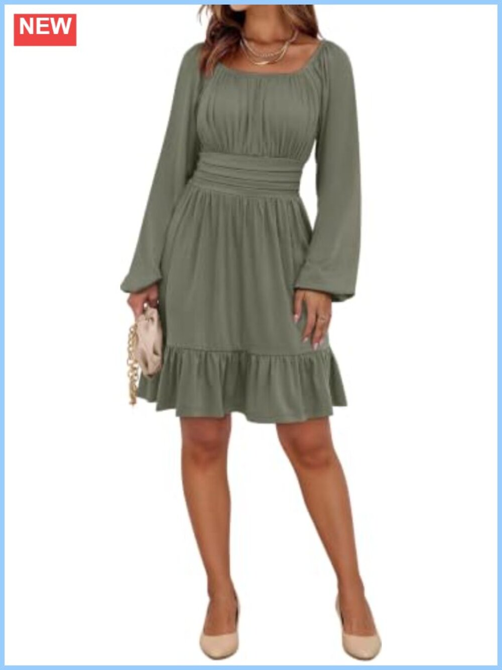 Women's Long Lantern Sleeve Square Neck A-Line Short Dress Ruffle Hem Casual